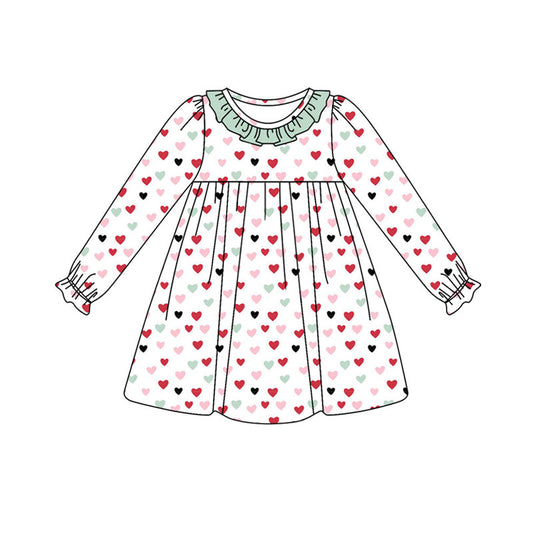 Preorder (moq 5)Baby Girls Long Ruffle Sleeve Colorful Hearts Valentine Knee Length Dresses