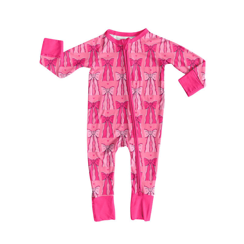 Preorder (moq 5)Baby Girls Long Sleeve Hot Pink Hearts Bows Valentine Zipper Footie Rompers