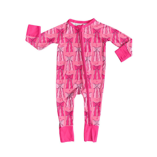 Preorder (moq 5)Baby Girls Long Sleeve Hot Pink Hearts Bows Valentine Zipper Footie Rompers
