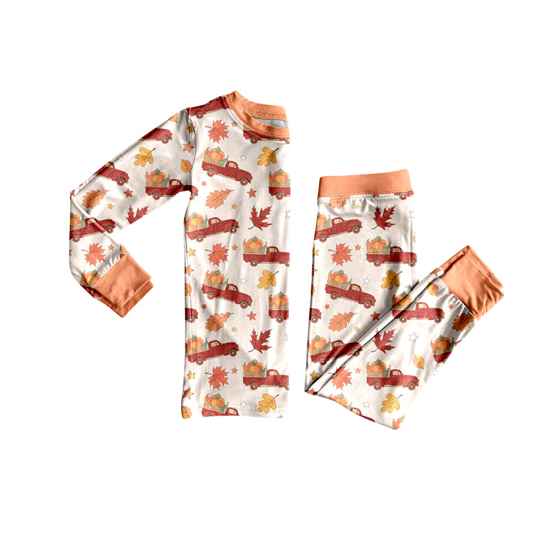 Preorder (moq 5)Baby Girls Long Sleeves Red Trucks Pumpkins Leaves Top Pant Pajamas Set