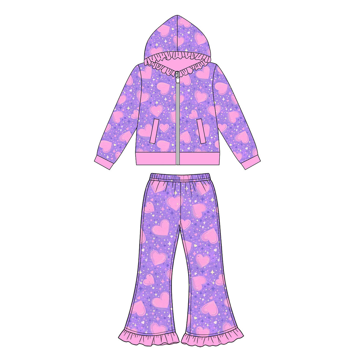 Preorder (moq 5) Baby Girl Clothes Purple Star Pink Heart Print Long Sleeve Ruffle Hood Zip Jacket Ruffle Flare Pant Set
