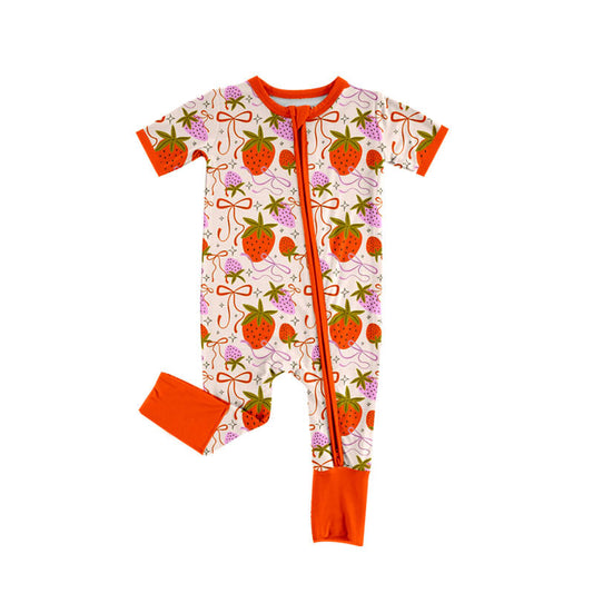 Preorder(moq 8)Baby Girls Bows Strawberry Short Sleeve Zipper Footie Rompers
