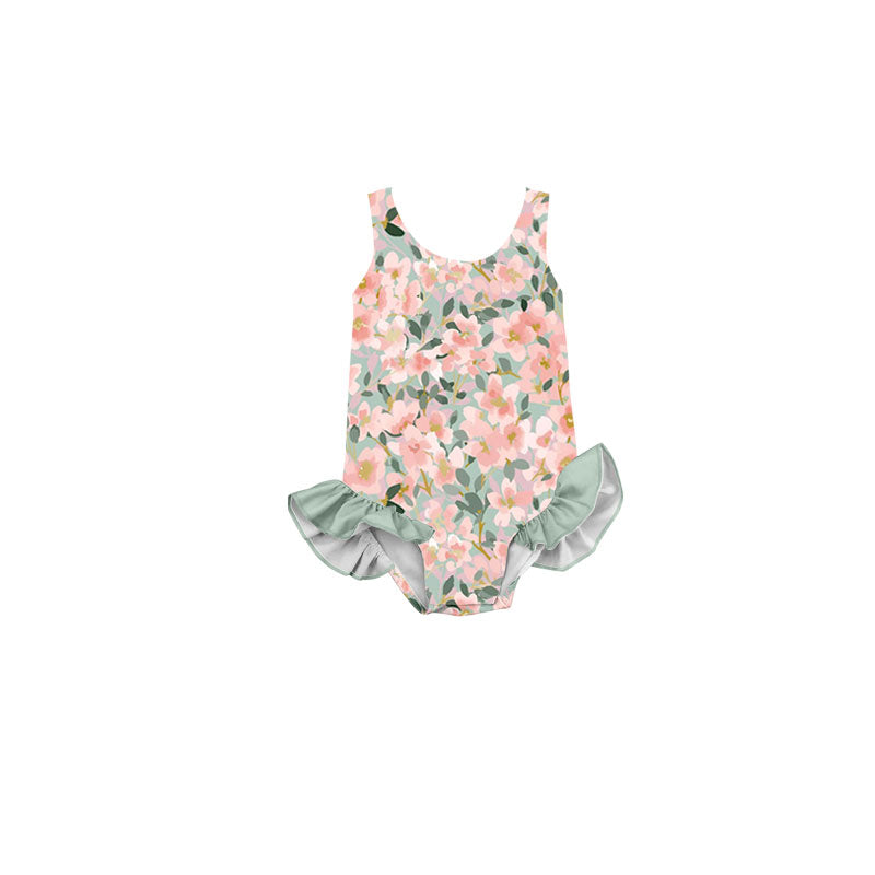 Preorder(moq 5) Baby Girls Peach Floral Ruffle Swimsuits