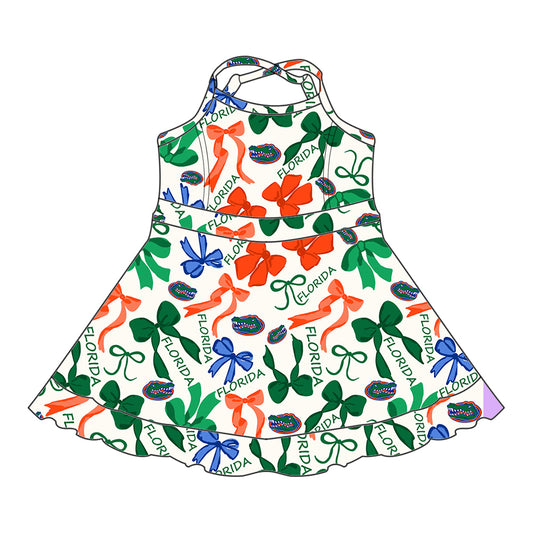 Preorder (moq 5)Baby Girls Green Strap Bows Plaid Florida Ruffle Shorts Team Knee Length Dresses