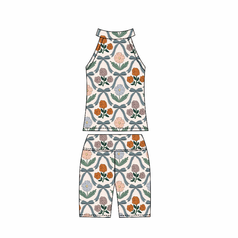 Preorder moq 10 Baby Girls Sleeveless Green Bows Flowers Plaid Activity Wear Vest Top Biking Shorts Yoga Set
