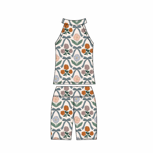 Preorder moq 10 Baby Girls Sleeveless Green Bows Flowers Plaid Activity Wear Vest Top Biking Shorts Yoga Set