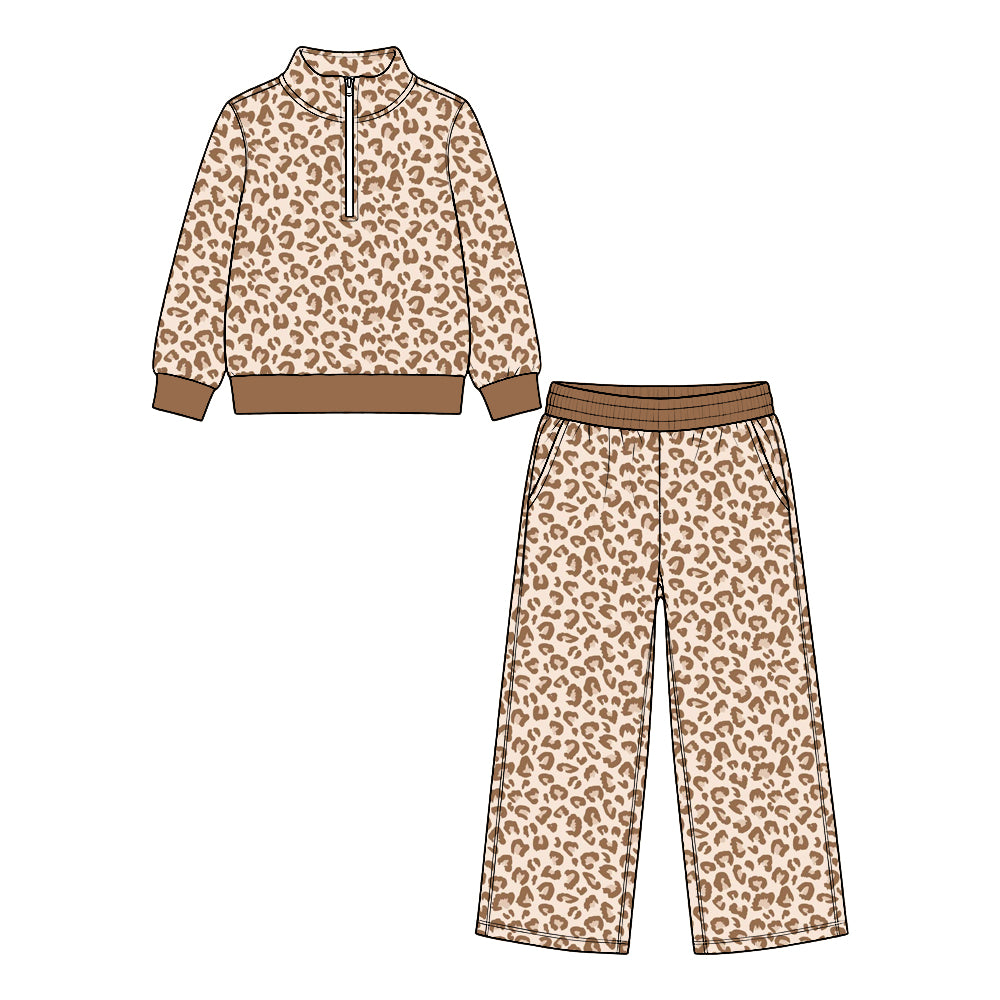 Preorder (moq 5) Baby Girl Clothes Neutral Leopard Print Long Sleeve Half Zip Top Wide Leg Pant Set