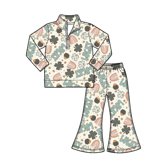 Preorder (moq 5) Baby Girl Clothes St Patrick’s Day Retro Lucky Letter Print Long‑sleeve Quarter Zip Top Flare Pants Set`  ### 前台优化标题（直接替换 [SKU]）