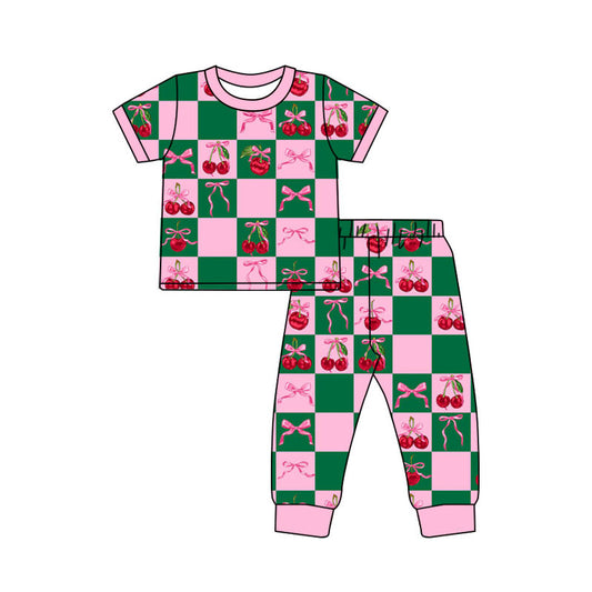 Preorder(moq 8)Baby Girls Pink Green Checked Bows Cherry Top Pant Pajamas Sets