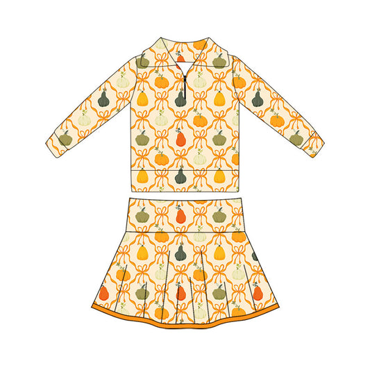 Preorder (moq 5)Baby Girls Bows Pumpkins Zip Pullovers Pleated Skirt Short Fall Clothes Sets