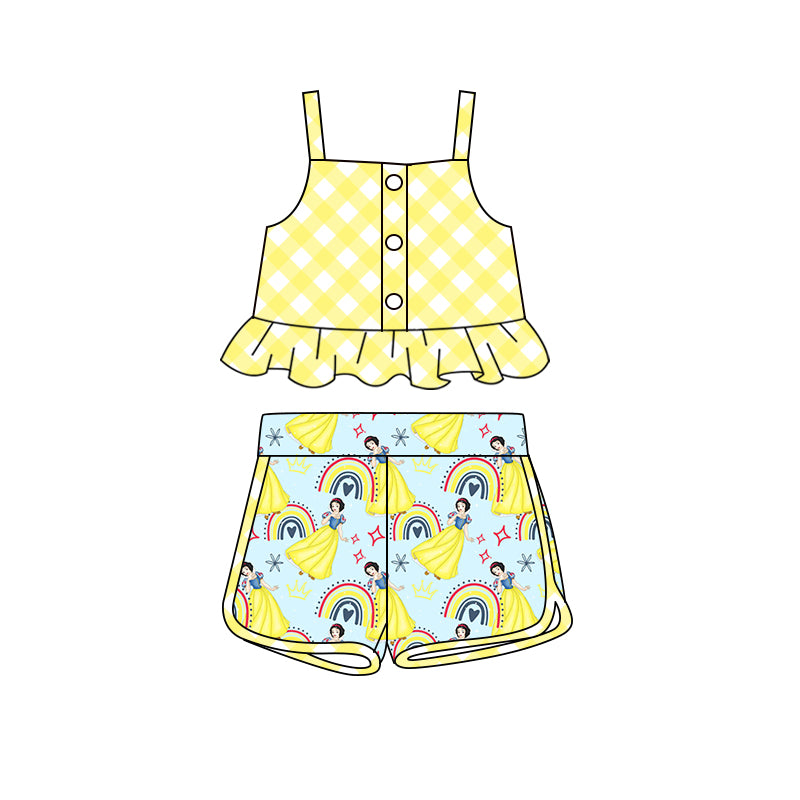 Preorder (moq 5)Baby Girls Checkered Straps Tops Princess Rainbow Shorts Clothes Sets