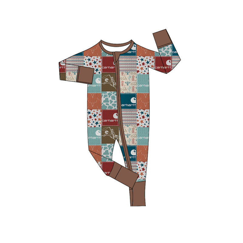 Preorder (moq 5)Baby Boys Western Cow Boots Stars Zip Long Sleeves Rompers