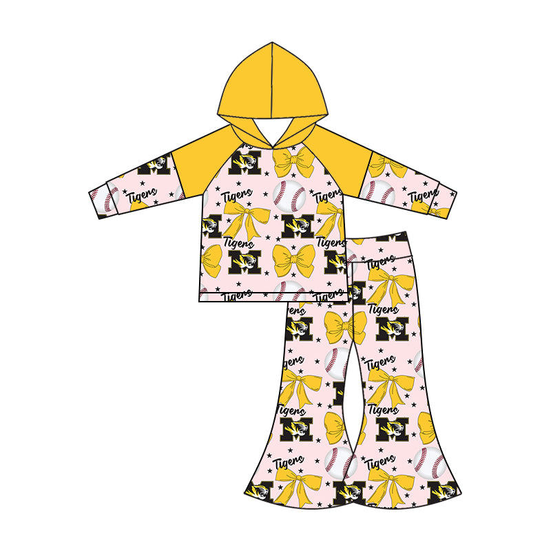 Preorder (moq 5)Baby Girls Long Sleeves Baseballs Bows M Tiger Hoodie Top Bell Bottom Pant Team Set