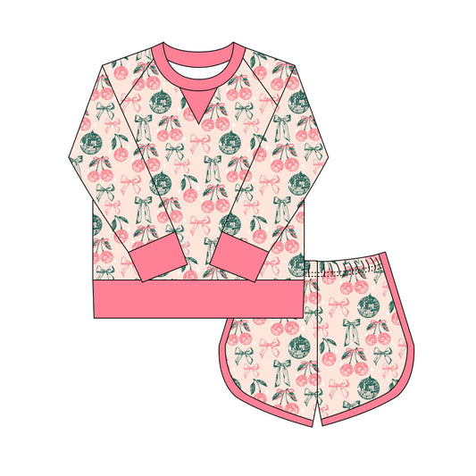 Preorder(moq 8)Baby Girls Pink Green Bows Cherry Lights Long Sleeve Top Shorts Clothes Set