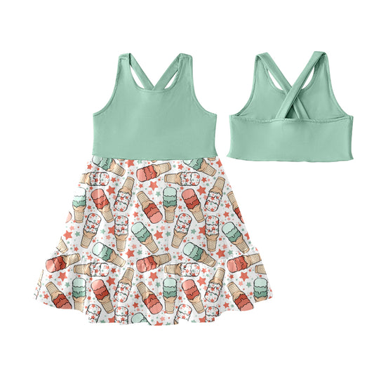 Preorder (moq 5)Baby Girls Aqua Sleeveless Ice Cream Stars Patchwork Knee Length Dress