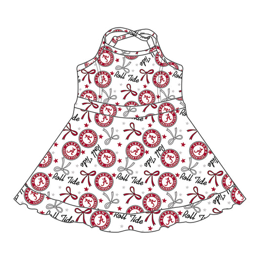 Preorder (moq 5)Baby Girls Strap Red A Roll Tide Bows Stars Ruffle Shorts Team Knee Length Dresses