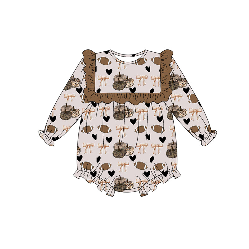 Preorder (moq 5)Baby Girls Gray Long Sleeves Footballs Bows Pumpkins Plaid Ruffle Romper