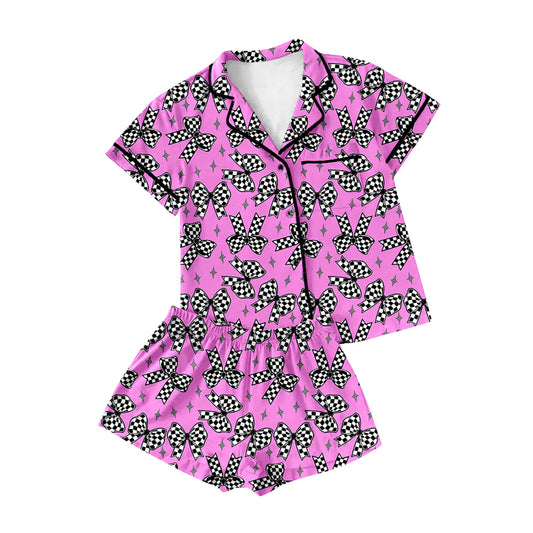 Preorder(moq 5)Adult Women Pink Short Sleeves Button Pocket Plaid Bows Stars Top Short Pajamas Set