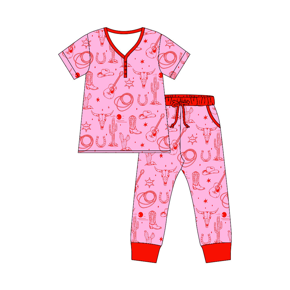 Preorder moq 5 Adult Short Sleeve Bull Skulls Cactus Top Pockets Pants Western Pajamas Sets