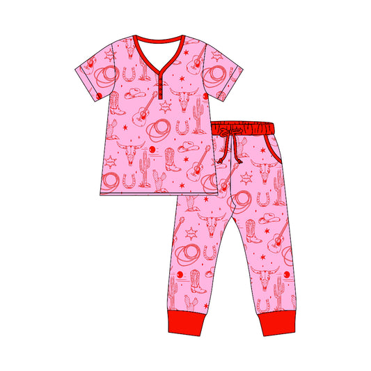 Preorder moq 5 Adult Short Sleeve Bull Skulls Cactus Top Pockets Pants Western Pajamas Sets