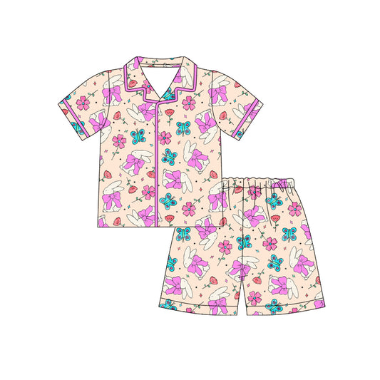Preorder (moq 5)Baby Girls Bows Rabbits Flowers Button Top Shorts Easter Pajamas Sets