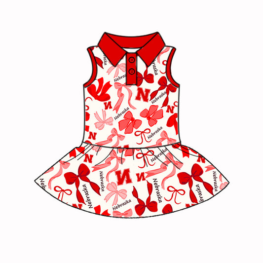 Preorder (moq 5)Baby Girls Sleeveless Nebraska Red Bows Plaid Button Team Knee Length Dresses