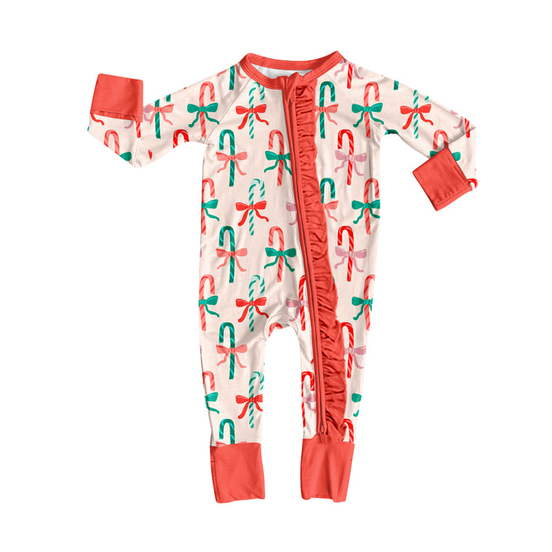 Preorder(moq 5)Baby Girls Red Christmas Candy Cane Ruffle Zipper Footie Rompers