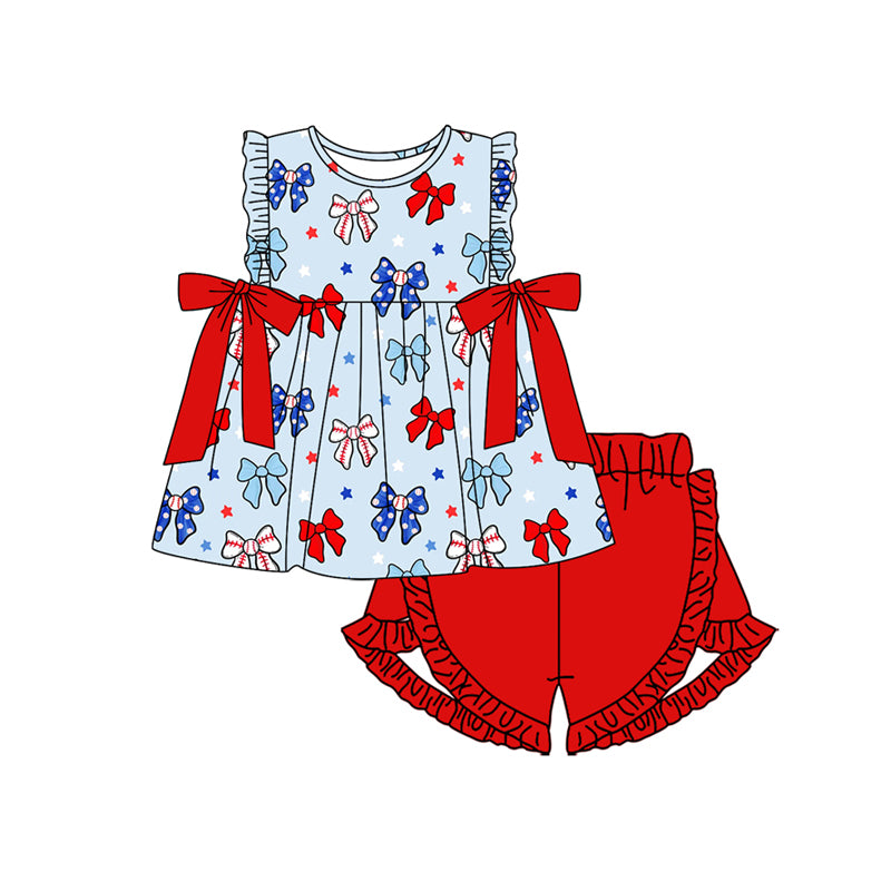Preorder (moq 5)Baby Girls Sleeveless Blue Red Bows Stars Tunic Ruffle Shorts 4th Of July Set