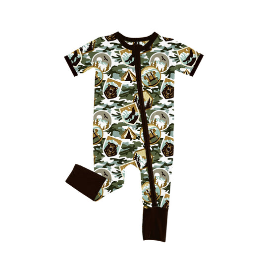 Preorder (moq 5)Baby Boys Short Sleeves Western Camo Wolf Zipper Rompers