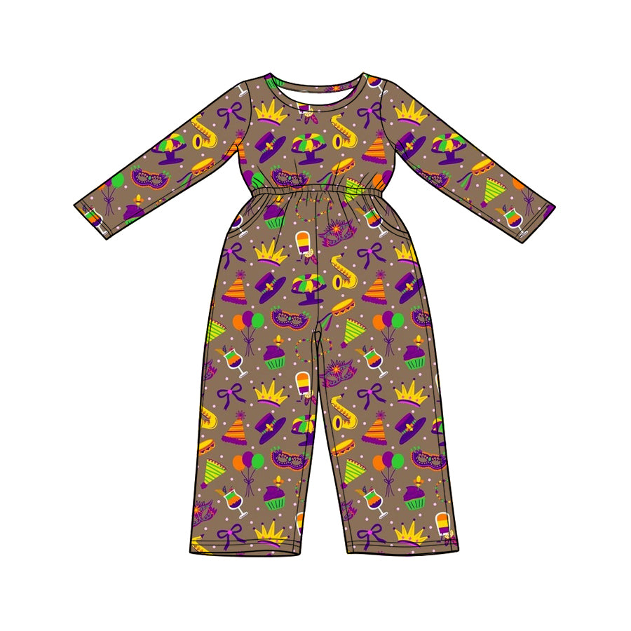 Preorder (moq5) Baby Girl Clothes Mardi Gras Party Element Print Long Sleeve Waist Jumpsuit