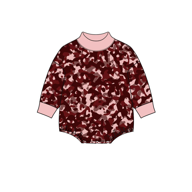 Preorder (moq 5) Baby Girl Clothes Burgundy Pink Camo Print Long Sleeve Turtleneck Bubble Romper