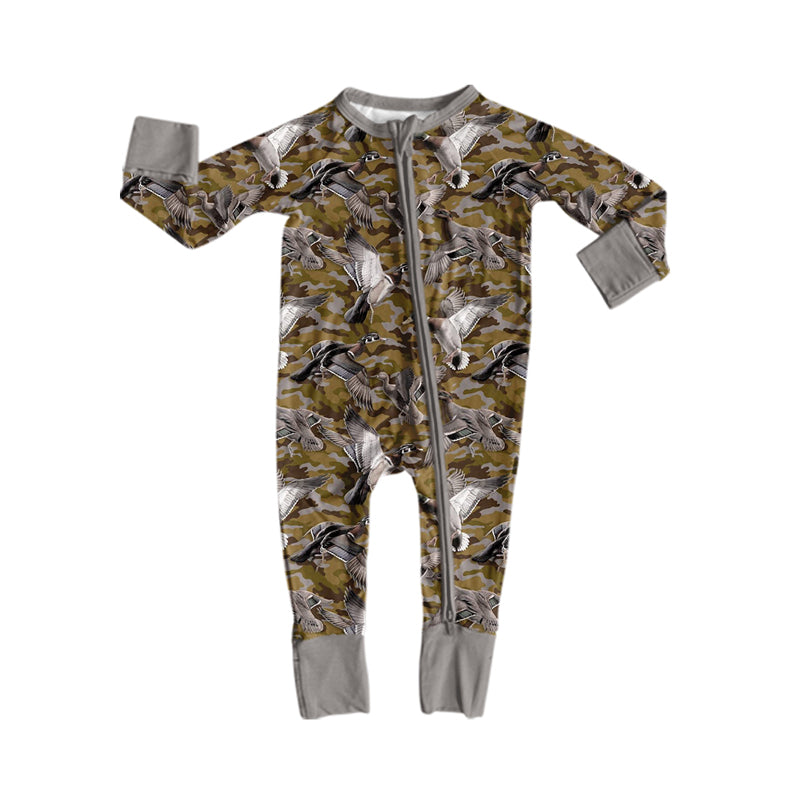 Preorder (moq 5) Baby Boys Green Camo Ducks Hunting Two Way Zip Convertible Rompers