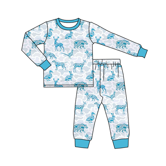 Preorder (moq 5)Baby Boys Blue Camo Deer Ducks Top Pant Hunting Pajamas Sets