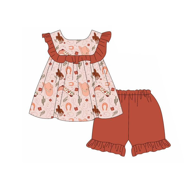 Preorder (moq 5)Baby Girls Hot Pink Hats Boots Horse Rodeos Tunic Ruffle Shorts Clothes Sets