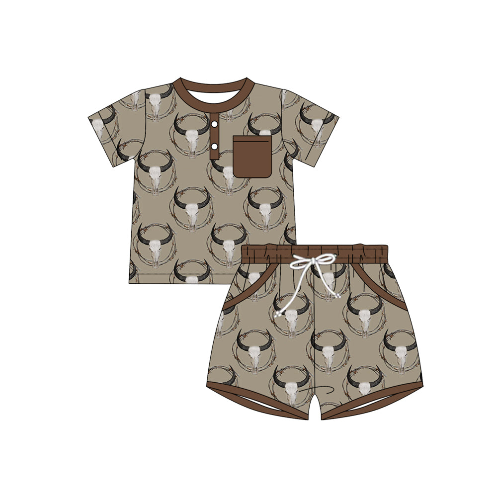 Preorder(moq 5) Baby Boys Bull Skulls Plaid Button Top Pocket Shorts Western Clothes Sets