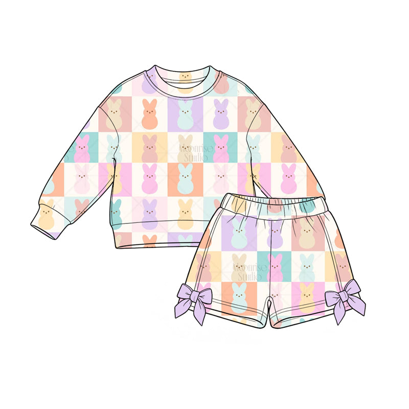Preorder(moq5) Toddler Girls Easter Casual 2-Piece Outfit Bunny Egg Print Long-Sleeve Sweatshirt Bow Short Kids Clothing Set