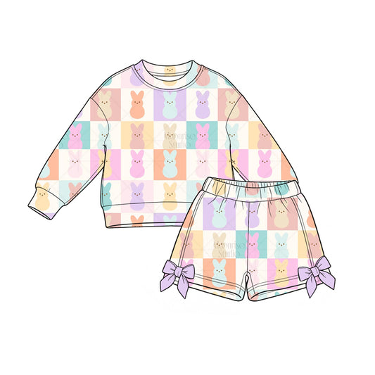 Preorder(moq5) Toddler Girls Easter Casual 2-Piece Outfit Bunny Egg Print Long-Sleeve Sweatshirt Bow Short Kids Clothing Set