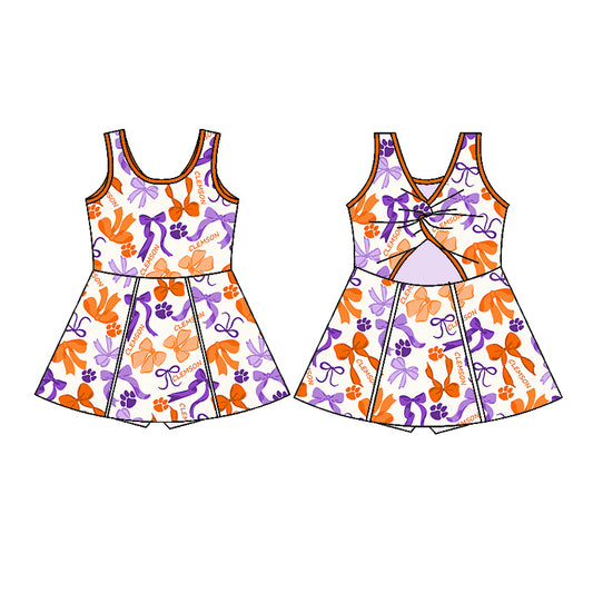 Preorder (moq 5)Baby Girls Sleeveless Orange Purple Bows Plaid Short Team Knee Length Dresses