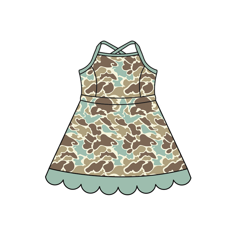 Preorder (moq 5)Baby Girls Strap Southern Green Camo Scallop Knee Length Dresses