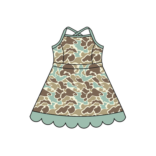 Preorder (moq 5)Baby Girls Strap Southern Green Camo Scallop Knee Length Dresses