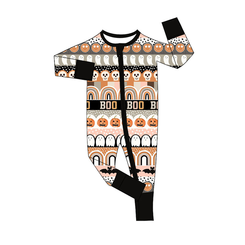 Preorder (moq 5)Baby Girls Black Long Sleeves Smiles Ghosts Pumpkins Stripes Zipper Rompers