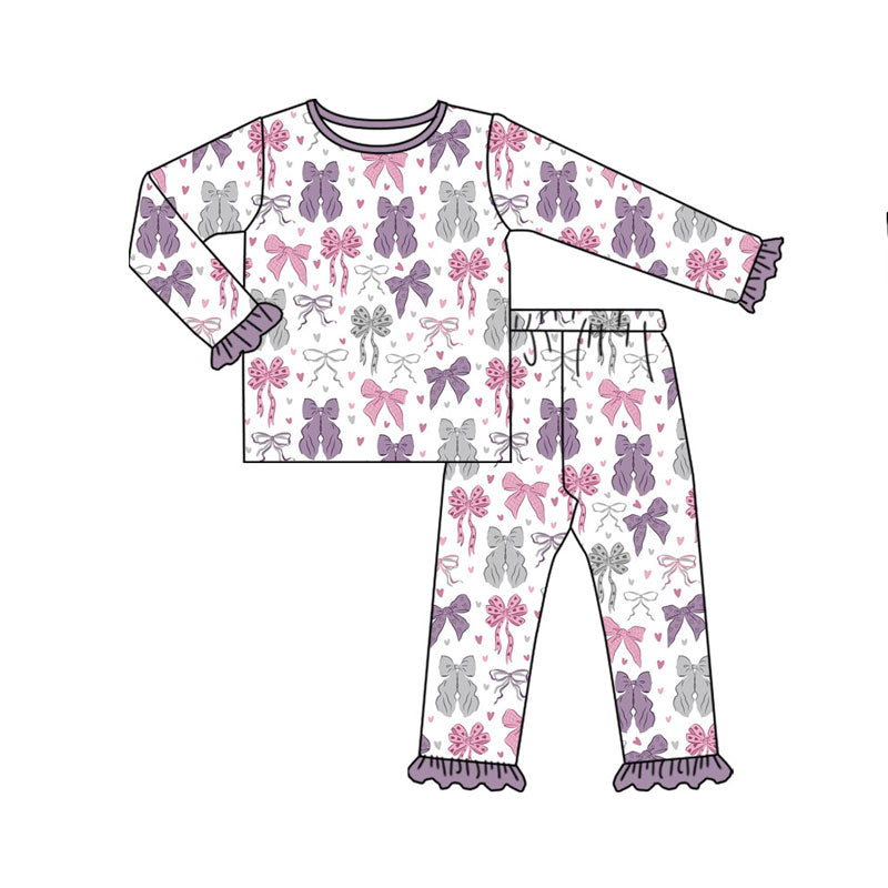Preorder(moq 8)Baby Girls Pink Purple Hearts Bows Top Ruffle Pants Valentine Pajamas Sets
