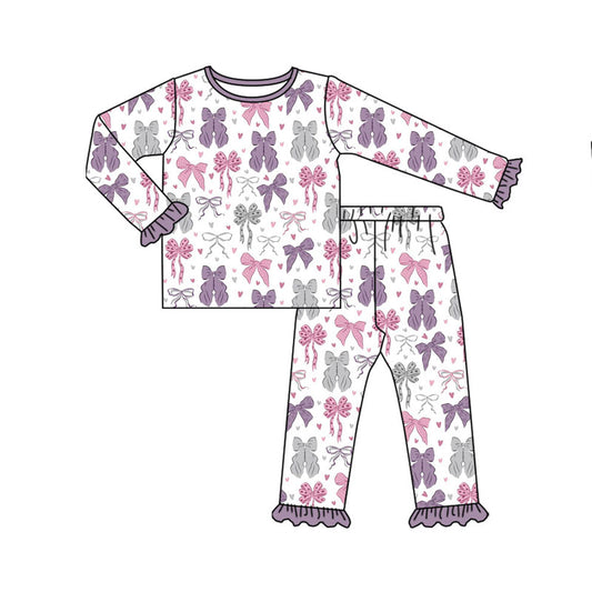 Preorder(moq 8)Baby Girls Pink Purple Hearts Bows Top Ruffle Pants Valentine Pajamas Sets