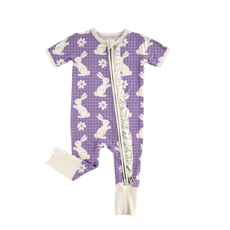 Preorder moq 5 Baby Girls’ Purple Cute Bunny & White Floral Print Round-Neck Zip-Up Romper with Pink Ruffle Trim