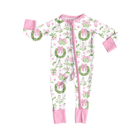 Preorder(moq 5)Baby Kids Holly Snowman Plaid Zipper Pant Rompers