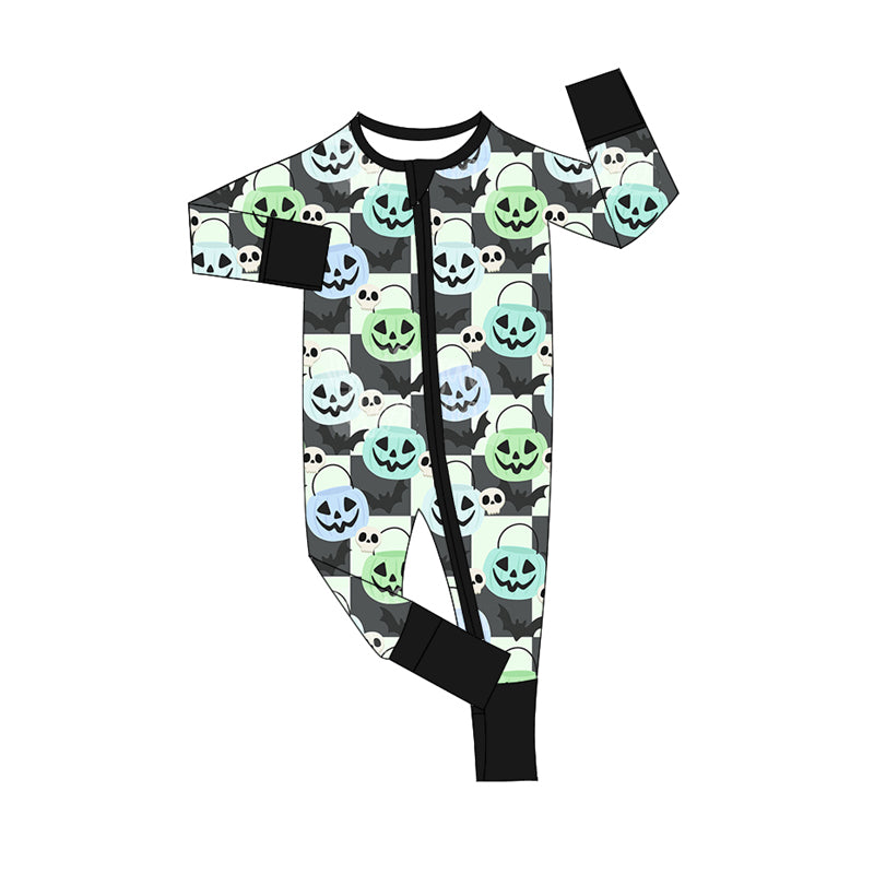 Preorder (moq 5)Baby Boys Black Long Sleeves Ghost Pumpkins Bats Plaid Zipper Pant Rompers