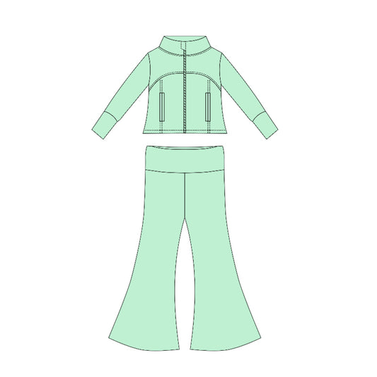 Preorder moq 10 Baby Girls Aqua Long Sleeves Pockets Zipper Top Bell Bottom Pant Set