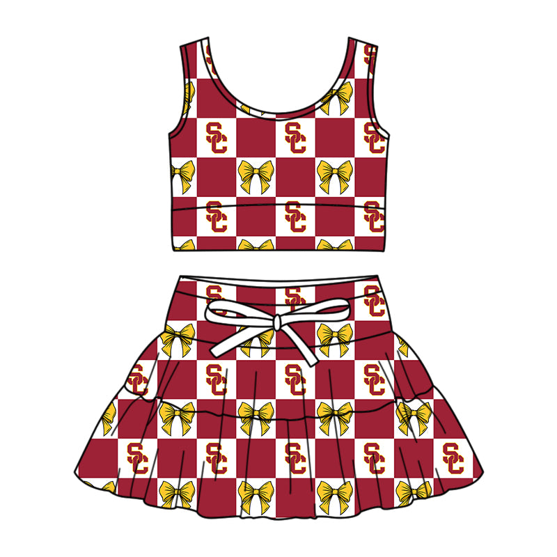 Preorder (moq 5)Baby Girls Red SC Bows Checked Vests Top Skirt Short Team Clothes Sets