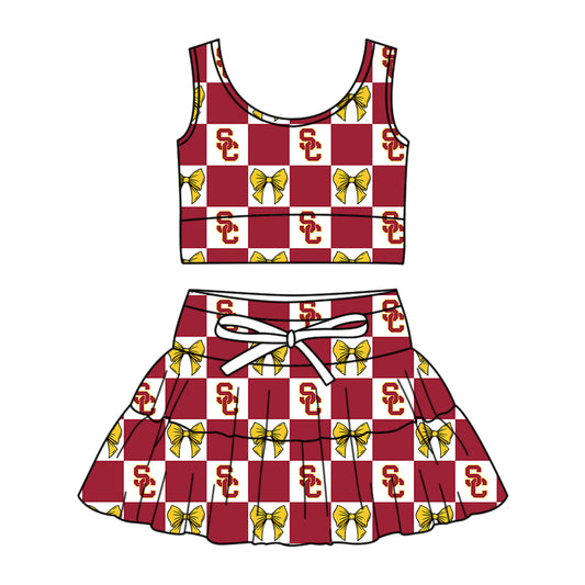 Preorder (moq 5)Baby Girls Red SC Bows Checked Vests Top Skirt Short Team Clothes Sets