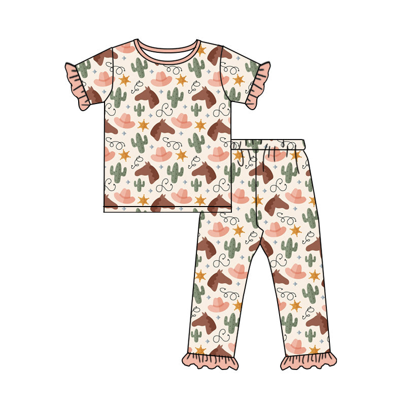 Preorder (moq 5)Baby Girls Cactus Horses Top Ruffle Pants Western Pajamas Sets